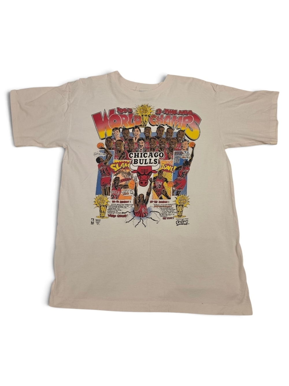 Vintage 1993 Chicago Bulls 3 Time NBA World Champs Caricature T-Shirt